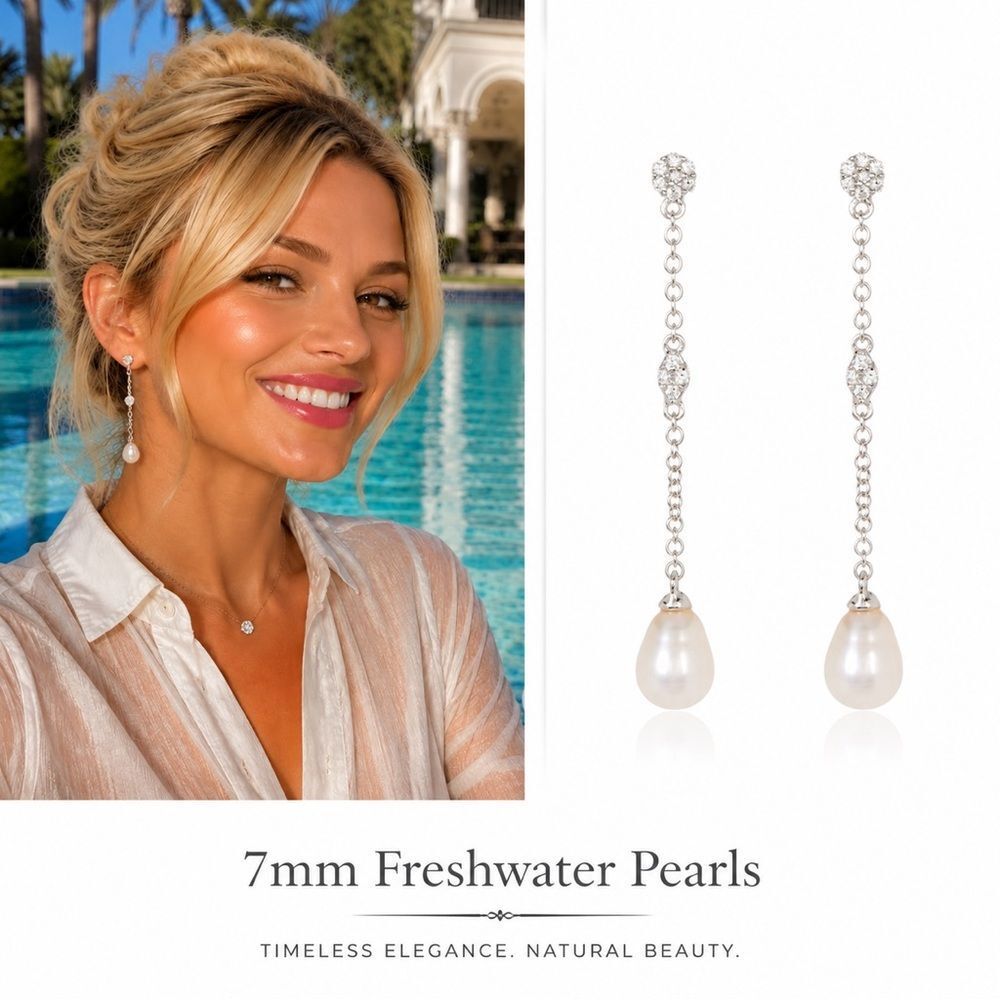NEW 🌺COQUETTE-GIRL🌺 Swarovski Crystal & 7mm Freshwater Pearl Drop Chain Earrings